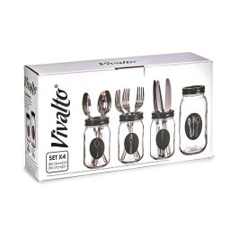 Vivalto Set 4 Cuberteros Vidrio Con Tapa Metal Transparente/Negro 9x9x17cm