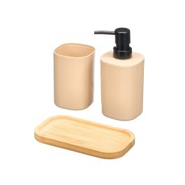 Berilo Set Dosificador Vaso Base Bambú Beige Plástico PP 7.3x7.3x17.5 cm + Vaso 7.3x7.3x11 cm + Bandeja 16.3x8.9x1.5 cm (Set de 12)