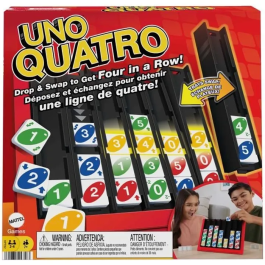 Mattel Games HPF82 UNO Quatro Juego de Cartas Familiar con Mecánica de Cuatro en Raya y Acciones Especiales