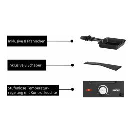 UNOLD Tischgrill Raclette Delice Basic 48760, para 8 personas, 2 placas antiadherentes desmontables, potencia 1200W, termostato ajustable, color negro y acero inoxidable