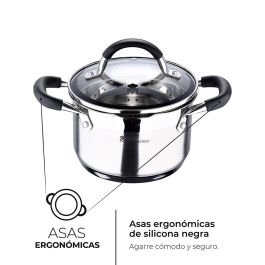 Masterpro Olla Foodies 1,8 l acero inoxidable Ø16x10 cm con tapa de vidrio y asas de silicona, apta para inducción, gas, eléctrica, vitrocerámica y halógeno Bgmp-1504-bk