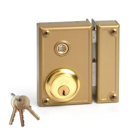 Jis Cerradura de sobreponer manilla, golpe y llave 70mm derecha 35-7d, cilindro fijo 52mm, dorado, 3 llaves