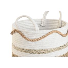 DKD Home Decor Cesta Boho de Seagrass y Algodón Blanco Natural 30x30x30 cm – Set de 3 Cestas Decorativas