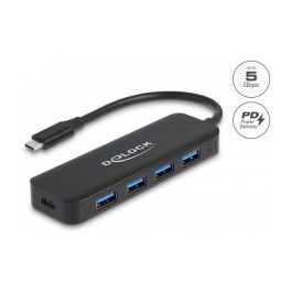 DeLOCK Hub USB-C 4 Puertos USB 3.2 Gen 1 + 1 USB-C con Power Delivery de 85W, Negro, Metal - Hub USB Tipo C con 5 Puertos y Carga Rápida