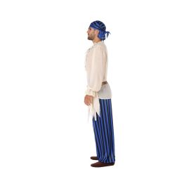Disfraz de Pirata Corsario para Hombre Adulto Talla M-L, incluye Gorro Azul y Negro, Camiseta Blanco Roto, Pantalones a Rayas y Cinturón Marrón Disfraz de Pirata Corsario para Hombre Adulto Talla M-L, incluye Gorro Azul y Negro, Camiseta Blanco Roto, Pantalones a Rayas y Cinturón Marrón
