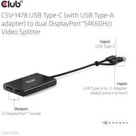 Club3D CSV-1478 Adaptador USB-C a 2x DisplayPort 4K@60Hz - Conexión Dual Monitor para PC Portátil y Escritorio Negro
