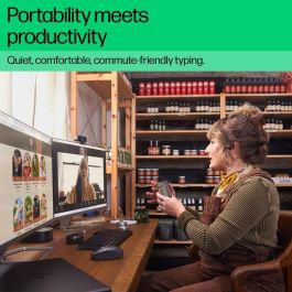 HP Compact Bluetooth keyboard supporting up to three devices, full-size layout, spill-resistant design, long battery life.