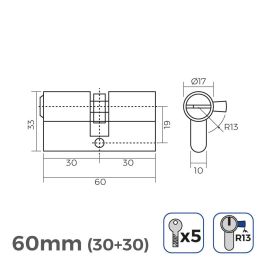 Cilindro 60mm (30+30mm) niquelado, leva corta r13 con 5 llaves seguridad incluidas Cilindro 60mm (30+30mm) niquelado, leva corta r13 con 5 llaves seguridad incluidas