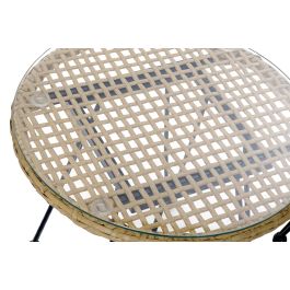 DKD Home Decor Set de 3 Mesas para Terraza y Jardin, 57.5 x 82 x 56 cm, Marron Claro y Negro, con Cojin y Desmontable, Material: Metal, Ratan, Poliester, Cristal