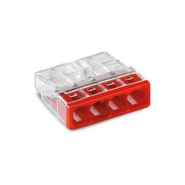 Wago Conector rápido 4 vías para conductores rígidos de cobre o aluminio, ø 0.5 a 2.5 mm², 450V, 24A, policarbonato transparente tapa roja