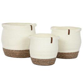 DKD Home Decor Set de 3 (2 Unidades) Cesta Crema Natural Fibra y Pu 34 x 34 x 34 cm