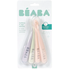 Beaba Set de 4 Cucharas de Silicona para Primera Edad, Azul Viento, Verde Eucalipto, Niebla Ligera, Rosa Antiguo
