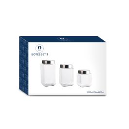 DKD Home Decor Set de 3 Botes de Cocina de Cristal y Acero Inoxidable Transparentes y Plateados, 750ml/500ml, 8.5x8.5x18cm
