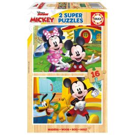 Educa 19287 Puzzle 2x16 Mickey y Minnie de madera ecológica. Dos puzzles Disney de 16 piezas, para niños +3 años.