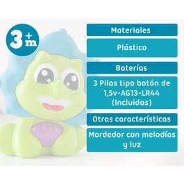 KioKids Mordedor Sonajero Musical Dinosaurio Verde y Azul para Bebés | Alivia Dentición y Estimula Sentidos, Motricidad Fina +3 Meses