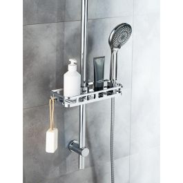 Wenko Cesto de Ducha Acero Inoxidable con Ganchos Integrados y Soporte para Cabezal, Fijación Rápida, 28.5x4x11.5 cm