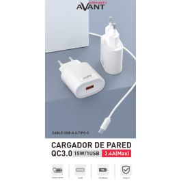Avant Connect Cargador USB con Cable Tipo C, 15W, QC 3.0, Carga Rapida