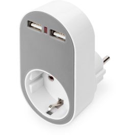 DIGITUS Adaptador Enchufe Universal con 2x USB-A Cargador de Pared para Móviles/Tablets, Gris/Blanco, Interior, IP20