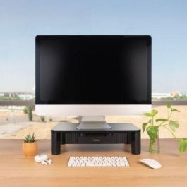 TooQ TQMMPD02 Soporte Ergonómico para Monitor/Portátil con Cajón, MDF/Plástico Negro, Regulable Altura, hasta 20kg