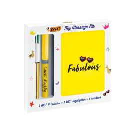 Bic Set Escritura My Message Kit: Bolígrafo 4 Colores Shine, Highlighter Grip Pastel y Libreta A6