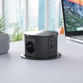 HERRAJES ALK Torre Telescópica 3Tt+2Usb-A+1Usb-C+Carga Inalambrica con 3 Enchufes Schuko, USB y USB-C, Carga Inalámbrica PUSH Gris