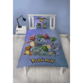 Pokemon AAARQ16165 Juego de Cama Reversible Pikachu y Starter Azul Microfibra 140x200 cm + 63x63 cm