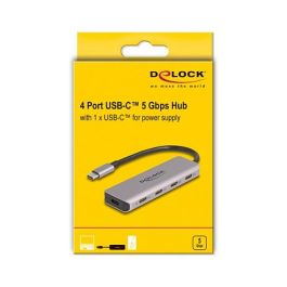 DELOCK Hub USB Type-C 4 Puertos, USB 3.2 Gen 1 (5 Gbps), Conector USB-C, Cable 0.15 m, Metal Gris, Plug & Play