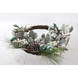 DKD Home Decor Corona de Navidad Moderna para Hogar de PVC y Ratán. Colores Azul, Verde, Marrón, Blanco. Medidas: 60x60x12 cm