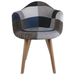 Home Deco Factory Silla Butaca Patchwork Azul-Gris, Patas de Madera, Asiento de Tela, Soporta 110 kg