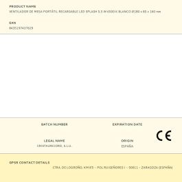 Cristalrecord Ventilador de Mesa Portátil Recargable LED Splash, USB-C Blanco Ø180mm, Luz 5.5W 6500K