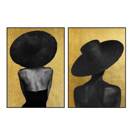 DKD Home Decor Cuadro Glam Chica Sombrero Dorado Negro Lienzo 143 x 103 cm Set de 2 Unidades