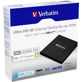 Verbatim 43888 Grabadora Blu-ray Externa Slimline USB 3.1 Tipo C, 4K, Color Negro