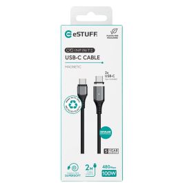 eSTUFF Cable USB-C Magnético Súper Suave INFINITE 2m PD100W 480Mbps, Plástico Reciclado, Sin PVC, Flexible y Duradero
