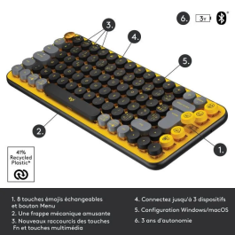 Logitech Teclado POP Keys Mecánico Inalámbrico, Teclas Emoji Personalizables, Bluetooth o USB, Compacto Duradero - Amarillo