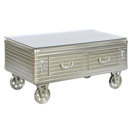 DKD Home Decor Mesa de Centro Vintage Plateada, 100x52x46 cm, 2 Cajones, Metal y Cristal, Desmontable