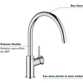 Grohe Grifo Monomando de Fregadero Caño Alto, Ducha Extraíble con 2 Chorros, Giro 360°, Limitador de Flujo