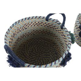 DKD Home Decor Cesta Mediterraneo Hecha a Mano Seagrass y PP con Pompones Multicolor 44 x 34 x 46 cm Set de 3