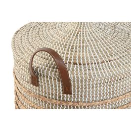 DKD Home Decor Cesta Boho Hecha a Mano, de Seagrass y Cuero, Colores Natural y Marrón, 45x51x45 cm, Set de 2