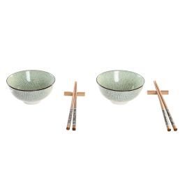 DKD Home Decor Set de Vajilla Sushi Oriental 6 Piezas Verde de Bambú y Gres, Apto Microondas y Lavavajillas, 21x7x30 cm