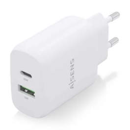 AISENS Cargador USB Pared A110-0758 25W 2 Puertos USB-C y USB-A QC3.0 Blanco para Móviles, Tablets y Portátiles