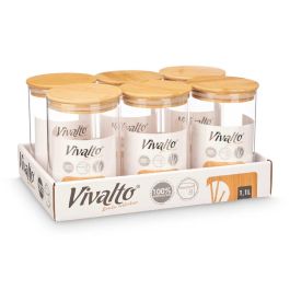 Vivalto Tarro Redondo de Borosilicato con Tapa de Bambú 1.1L, 10.5x16x10.5 cm, Apto para Horno y Microondas (12 Unidades)