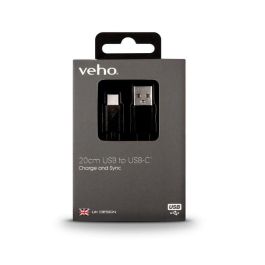 Veho Cable USB-A a USB-C Pebble 0.2m Negro - Carga y Sincronización Rápida con Acabado Tacton Duradero