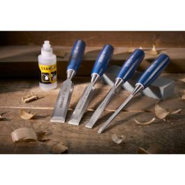 STANLEY 4 ABS Cinceles de Madera Set de 4 piezas (6, 12, 18, 25 mm) con Aceite, Piedra y Mango Polipropileno Irrompible