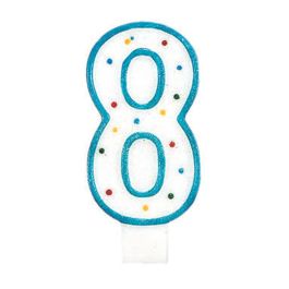 Party Time Vela Aniversario Numeral Cifra 8 para Tarta 14 cm con Pincho Colores Surtidos Decorada con Círculos y Ribete