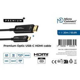MicroConnect Cable Fibra Óptica HDMI a USB-C 20m, Activo, Soporta 4K, Transferencia Audio Video para PC, TV, Monitor, Proyector