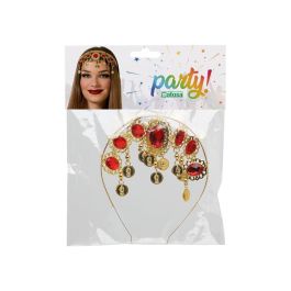 Diadema Carnaval Medallas Doradas Mujer Adulto, Estilo Árabe con Piedras Rojas y Monedas Colgantes para Danza del Vientre y Disfraces