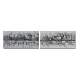 DKD Home Decor Cuadro Decorativo Loft Abstracto de Ciudad, Lienzo y MDF, Gris y Azul, 120x60x2.8 cm, Pack de 2 Unidades