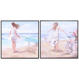 DKD Home Decor Cuadro Mediterráneo Chica Playa Azul Beige Lienzo 83x83 cm Pack 2 Unidades Surtido Aleatorio