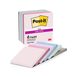 Post-it Bloc de notas adhesivas Super Sticky 76x76 mm Pack 6 uds Colores Surtidos Certificado PEFC