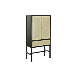 DKD Home Decor Armario de Ratan y Madera de Abeto Balines Negro Natural, con 2 Puertas, 1 Cajón y 1 Estante, 80x38x160 cm